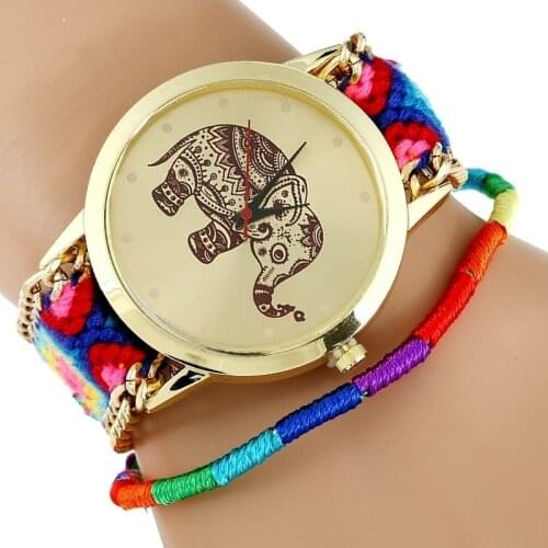 Gnova Platinum Indian Elephant Watch Women Golden Chained Lace Ethnic wristwatch Hippie Fabric Fashion A403B