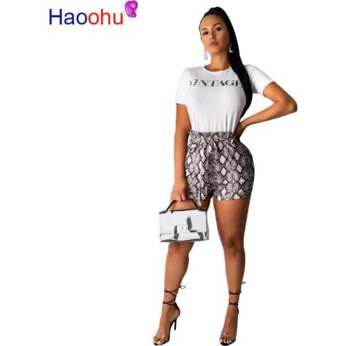 HAOOHU Sexy Snake Skin Print Two Piece Set Letter Short Sleeve T Shirt and Shorts Matching Set Streetwear Casual 2 Piece Outfit