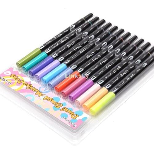 Dainayw Dual Brush Pen Art Markers,Primary,12 colors Bright/Lightcolor set,ABT Brush and Fine Tip Markers,Journaling Card Making