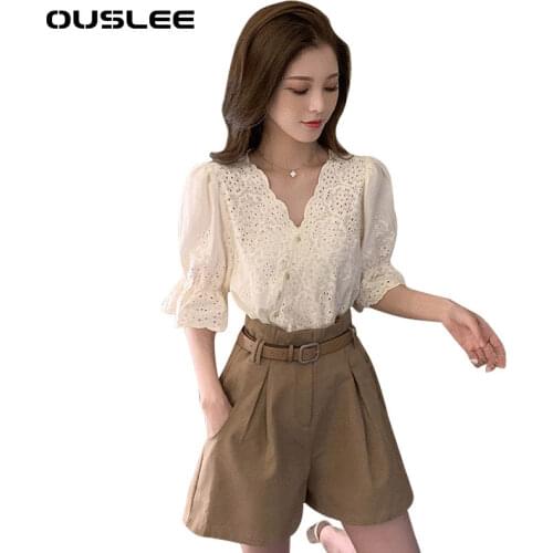 Ouslee korean Summer Fashion Womens Two Piece Set Fresh Striped Off-the-Shoulder Loose Blosue Top + Elastic Waist Shorts Suits