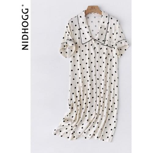 Summer Thin Fashion Slim Nightgowns Short Sleeve Viscose Print Sexy Nightwear Pointed Collar Wave Dot Satin Skirt Sleeping Dress