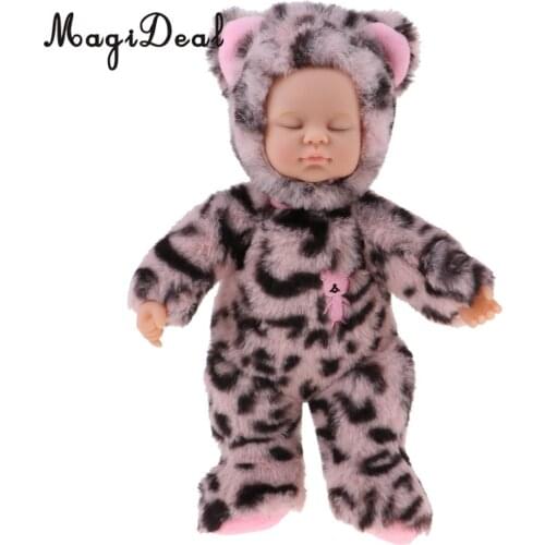 Cute Sleeping Baby Doll Stuffed Doll Leopard Print Clothes Kids Plush Toys For Christmas Gift Baby Doll Reborn Baby Kids Toys