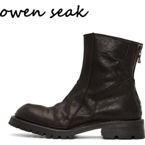 Owen Seak Men Ankle Boots High Luxury Trainers Genuine Leather Riding Winter Snow Boots Casual Zip Flats Black Shoes
