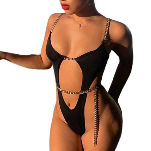 2020 new fashion chain Bikini with one-piece, open-back, backless, solid-color swimsuit sexy one piece swim suits
