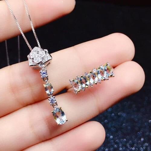 New Design Aquamarine Jewelry set Natural And Real Aquamarine Set 925 sterling silver Fine jewelry 1pc ring,1pc Pendant