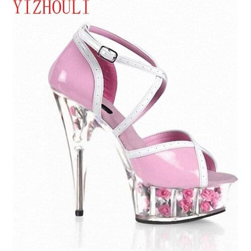 New style, beautiful transparent rose platform high heels, 15cm sexy model sandals, pole dancing shoes