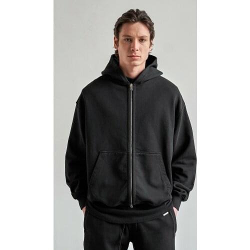 High Street Fleece-Lined Solid Color Double Zipper Hoodie Loose Dimensional Patch Pocket Casual All-Matching Hooded Sweatshirt