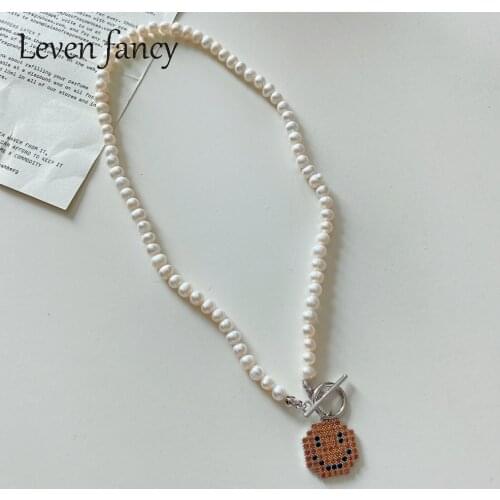 925 Sterling Silver Orange Micro Paved Zircon Smile Face Necklace Female Freshwater Pearl Beaded OT Clasp Choker for Women Gift