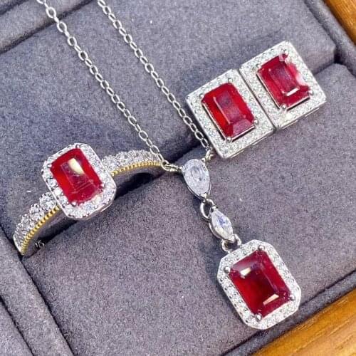 Natural and Real Ruby jewelry set Natural Real Ruby 925 sterling silver 1pc pendant,2pcs Earring,1pc Ring