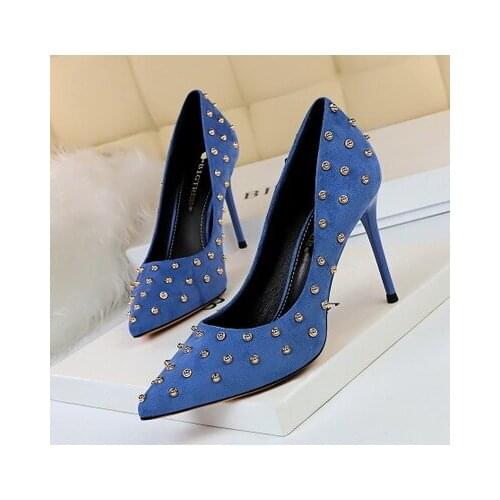 Flock Stilettos Women Pumps Elegant Rivets Lady Shoes Spring Summer High heels 9CM Shallow Pointed Toe Wedding Bridal Shoes