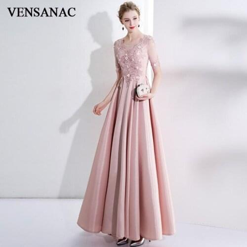 VENSANAC O Neck Lace Appliques A Line Long Evening Dresses Illusion Half Sleeve Backless Party Prom Gowns