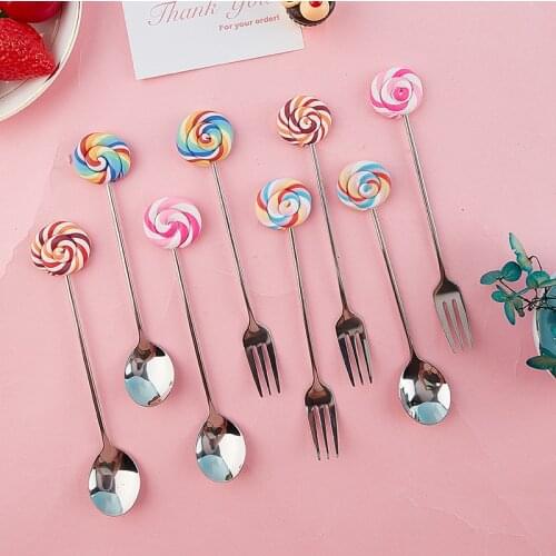 Stainless steel donut lollipop fork spoon dessert fruit fork honey coffee stirring spoon childrens tableware accessories
