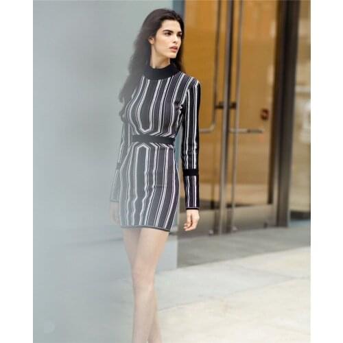 High Quality O-Neck Long Sleeve Striped Jacquard Women Bandage Dress Celebrity Evening Party Dress
