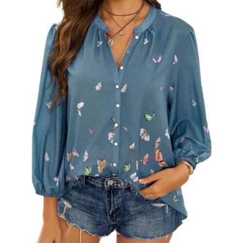 Women Shirt Butterfly Print Long Sleeve Top Fashion Single-breasted Loose Blouse for Spring
