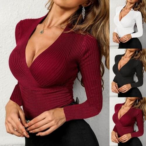 2021 Autumn Blouse Women Fashion Sexy Casual Solid V Neck Daily Knitting Holiday Shirt Blouse Tops