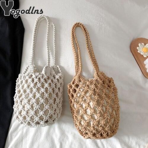 Cotton Thread Knitted Women Handbag Ladies Mesh Hollow Bucket Bag Female Beach Woven Shoulder Bag Summer Travel Shopping Purse
