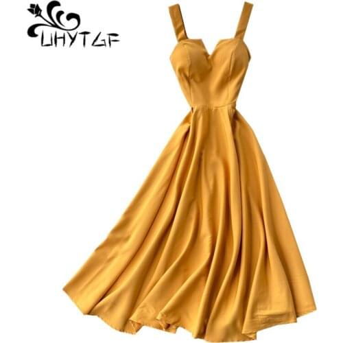 UHYTGF dresses for women 2020 fashion suspenders backless sexy dress sleeveless vintage V-neck Big swing elegant women dress 913