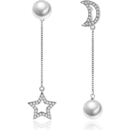 KOFSAC Fashion 925 Sterling Silver Jewelry Earrings For Women Shiny Zircon Asymmetry Star Moon Pearl Earring Female Party Gifts