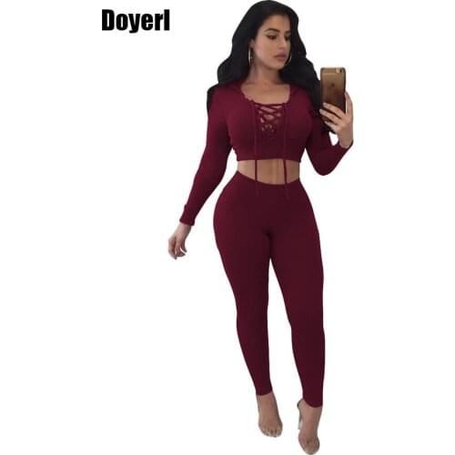 Autumn Winter 2 Piece Set Tracksuit Women 2020 Long Sleeve Lace up Hooded Crop Top + Pant Jogger Casual Sweat Suit Womens Set