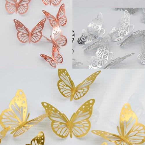 12Pcs/lot New 3D Hollow Golden Silver Butterfly Wall Stickers Art Home Decorations Wall Decals for Party Wedding Display Shop