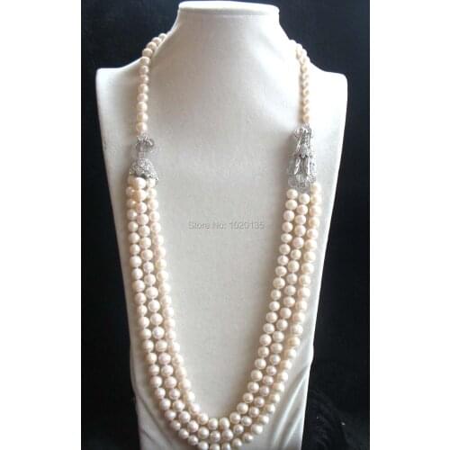 3rows freshwater pearl near round 8-9mm necklace 28-30inch and dragon clasp FPPJ