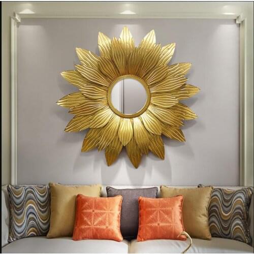 American Light Luxury Wrought Iron Gold Sun Flower Decorative Mirror Wall Hanging Pendant Aisle Background Wall Mural Crafts Art