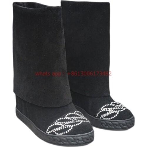 Design brand woman 8CM inner heel mid boots Women Leather rhinestones Round Toe black boots