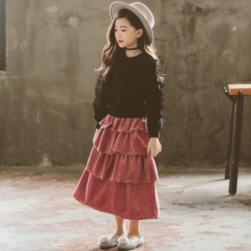 Long fleece girl skirt female winter autumn layered ruffled high waist girls skirt suitable for children and children clothes