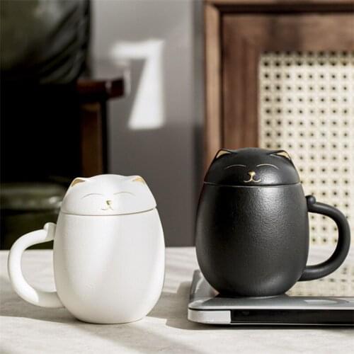 Coarse Pottery Cute Lucky Cat Water Tea Separation Cup Large Capacity Ceramic Filter Coffee Mug with Lid Office Drinkware 350ML