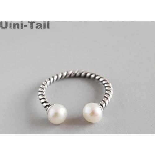 Uini-Tail Hot New Korea 925 Sterling Silver Fashion Personality Retro Twist Pearl Open Ring Pearl Fashion Trend High Quality