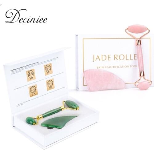 Natural Rose Quartz Roller Gua Sha Set Face Roller Massage Tool Skin Care Set Facial Triangle Type Gua Sha Stone Face Massager