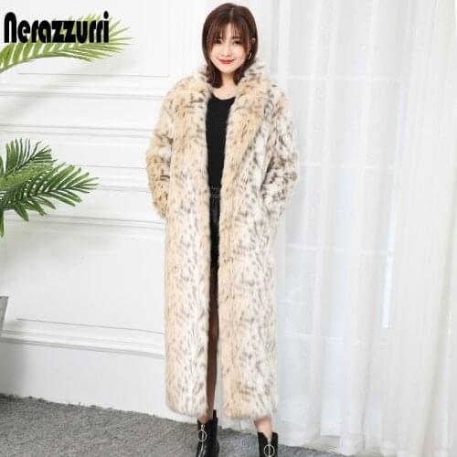 Nerazzurri Winter Fluffy Leopard Faux Fur Coat Label Luxury Long Women European Fashion Warm Oversized Leopard Print Streetwear