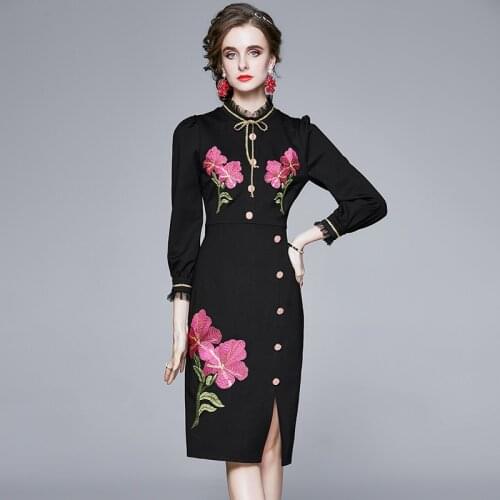BLLOCUE Autumn 2020 Womens Mesh Ruffled Collar Embroidery Flower Button Elegant Temperament Long Sleeves Dress
