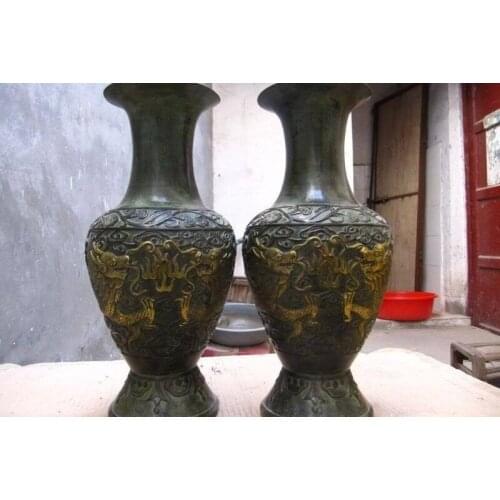 13 INCH China vintage old Bronze gilt Lucky Two Dragon Play Bead Vase Pair