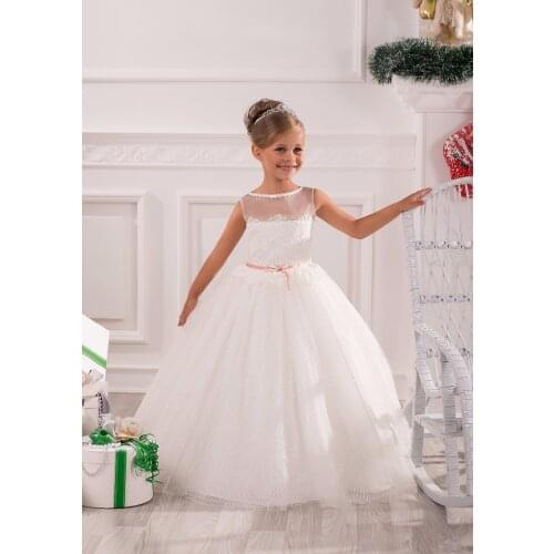 Flower Girl Dresses First Communion Dresses Girls Kids Ball Evening Gowns Ivory Sleeveless Appliques Satin Lace Wedding Gown