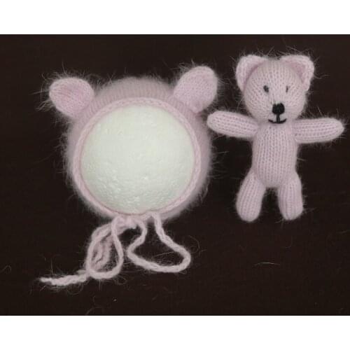 Fluffy Teddy Bear Baby Hat And Toy Set Newborn Ears Bonnet Handmade Knitted Wool Cap New Born Photo Props