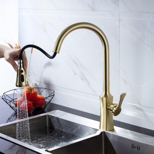 Kitchen Sink Faucet Solid Brass Pull Out Nozzle Mixer Tap Single Handle Hot & Cold Kitchen Crane Tap Brushed Gold/Chrome/Black