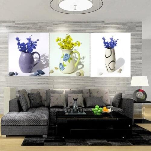 Three-picture Home Decor Creative Canvas Painting Combination Paintings Wall Pictures Living Room Wedding Blue vase flower