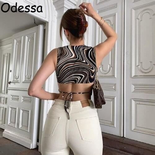 Odessa 2021 Brown Wave Print Sleeveless Crop Top Y2K Sexy Backless Irregular Bandage Women O Neck Slim Cut Out Tank Tops Summer