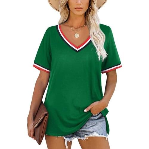 All-match College Style Loose T-shirt Simple Solid Color Stitching Stripes V-neck Casual Harajuku Clothes Womens T-shirts