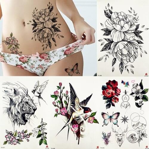 FANRUI Peony Flower Blossom Temporary Tattoo Sticker Rose Saturna Flora Body Art Arm Waist Sexy Tattoos Butterfly Fake Tatoo