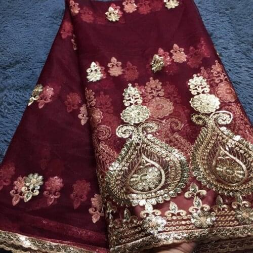 High Quality Burgundy African Lace Fabric Sequins French Tulle Lace Fabric 2021 Latest Arrival Hot Sale 5 Yards For Dress M2283