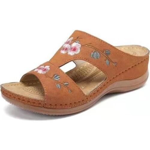 2021 Summer New Hollow Out Flower Embroidery Sandals Slope Heel Large Womens Slippers Shoes