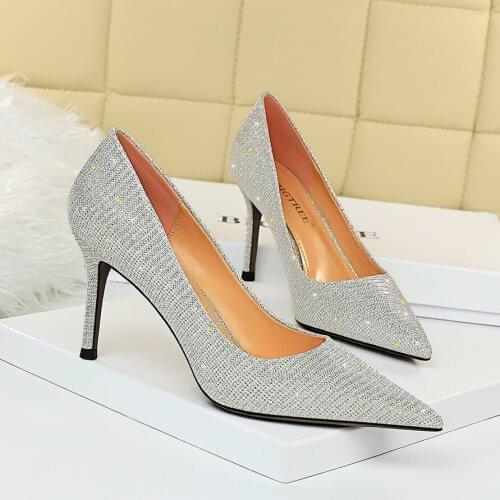 2020 Women 8cm High Heels Glitter Crystal Pumps Lady Fetish Elegant Silver Female Footwear Wedding Gold Bridal Scarpins Shoes