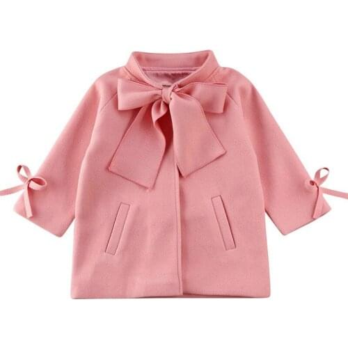 1-8Y Baby Kids Girls Wool Trench Outwear Autumn Winter Children Clothes Bowknot Collar Princess Long Coats Kids Jackets Tops