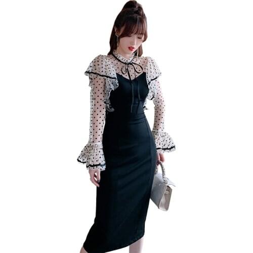 Womens Autumn Winter Long Ruffle Sleeve Zipper Designer Mesh Patchwork See Through Midi Black Polka Dot Dress for New Year 2021
