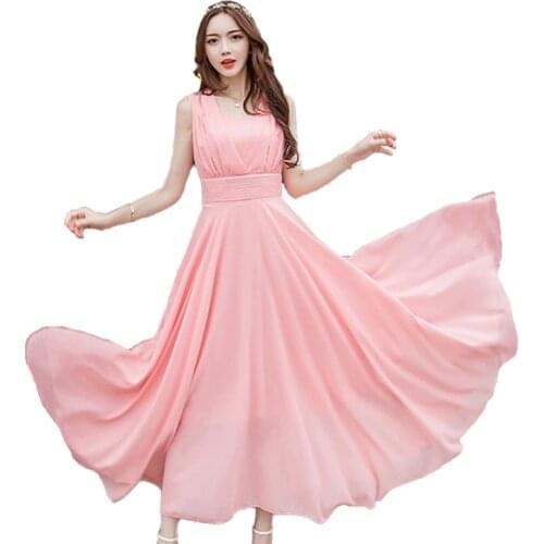 Bohemian Chiffon Dress Women Summer Plus size Big swing Beach Dresses Elegant Female Solid color Sleeveless Lengthen Dresses 368