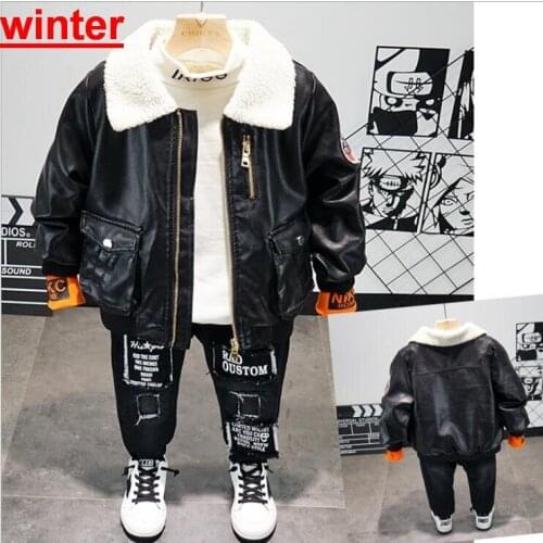 Winter Kids Warm Kids Set Childrens Fashion Suit Baby Kids Clothing Sets Boy PU Leather Coat , Plush Sweaters, Pants 2-6year