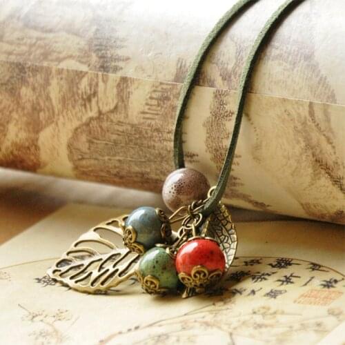 10 piece/lot Leather Necklaces Women Hollow Leaf Ceramic Beads Leaves Pendants Rose Flower Sweater Chain PU Cord Jewelry