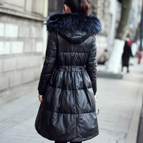 100% Real Sheepskin Coat Female Raccoon Fur Collar Down Woman Hooded Winter Jacket Women Leather Jackets MY3703